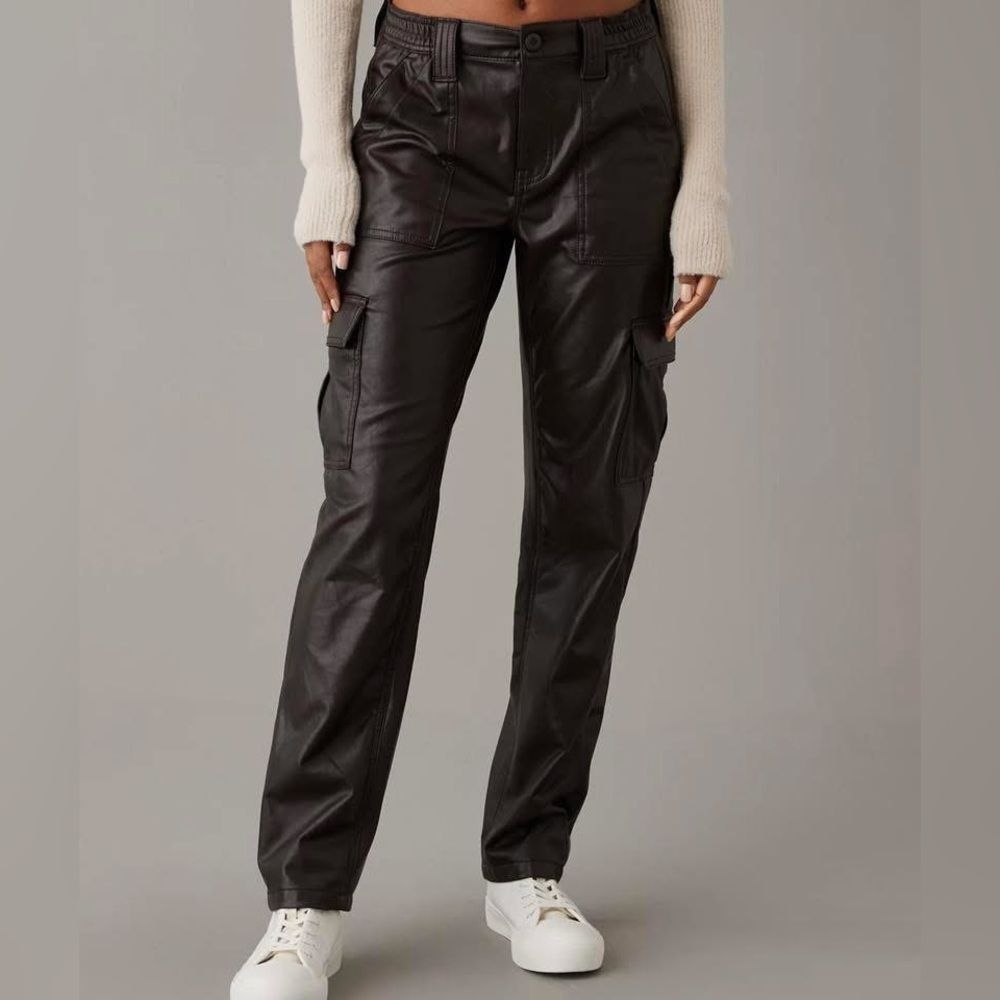AE Chocolate Brown Stretch High-Waisted Vegan Leather Straight Cargo Pant